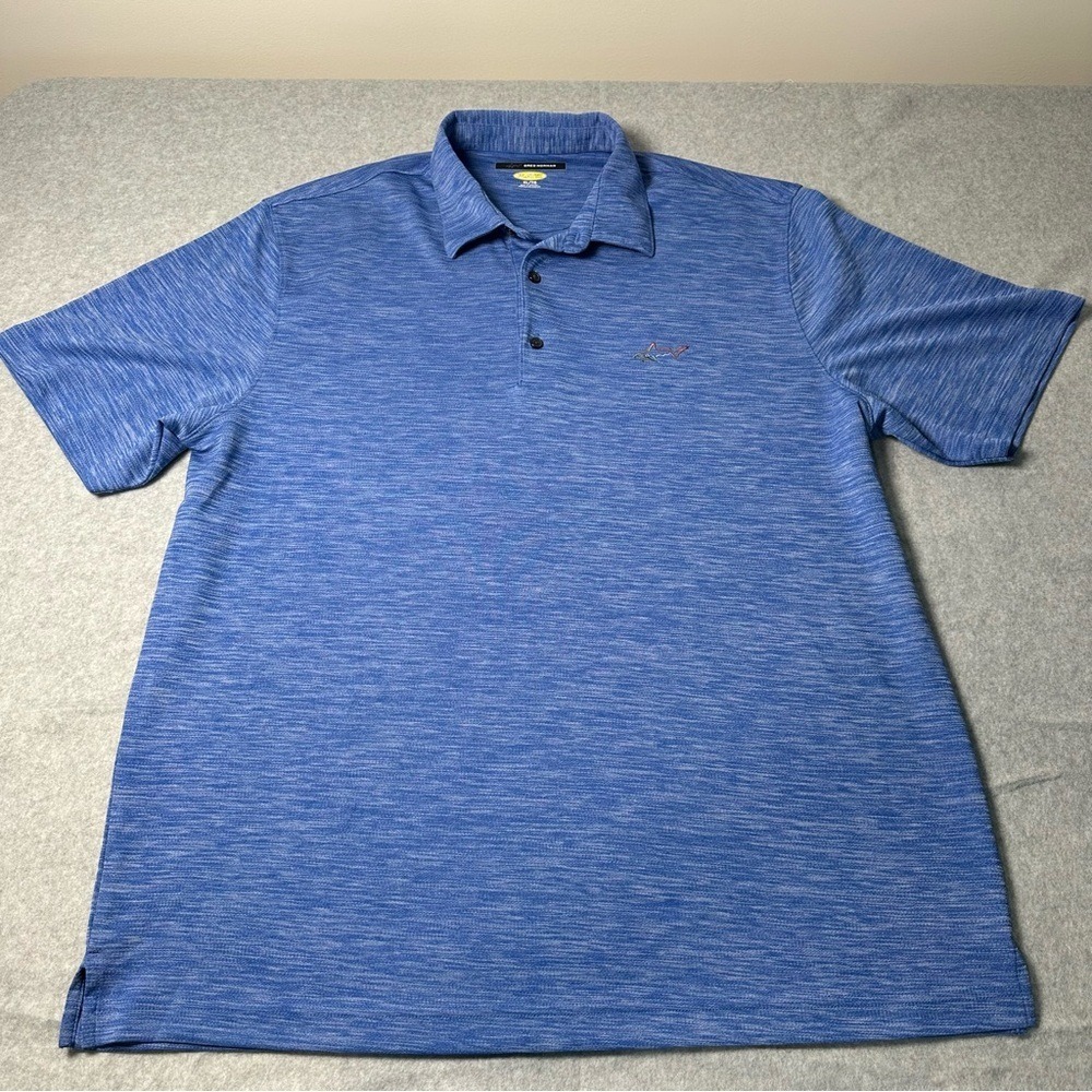 Greg Norman Play Dry Mens XL Blue Space Dye Heathered Golf Polo Shirt Shark Logo